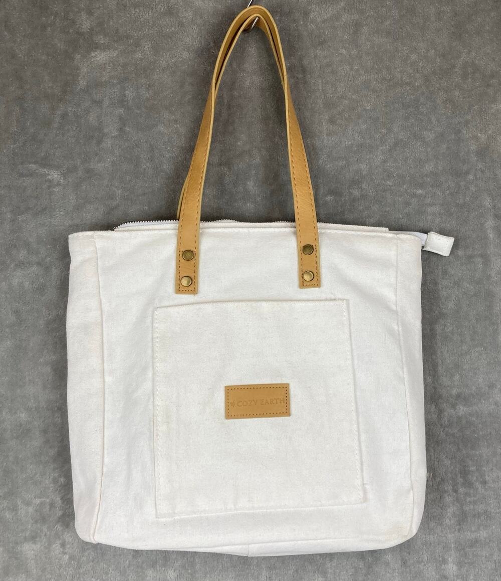 Cozy Earth Canvas Zippered Tote Bag White Tan Faux Leather Handles Lined 11x11